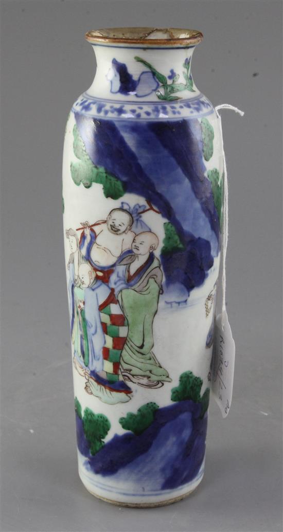 A Chinese wucai slender cylindrical vase and cover, late 17th century, height 24.5cm, old discoloured repairs to rim